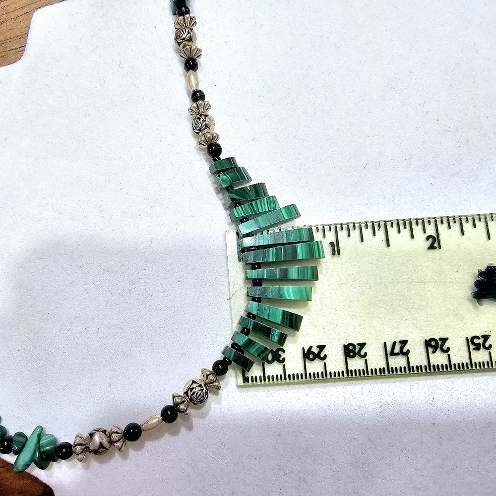 Malachite Necklace with Onyx, Glass, and Silver Beads - Picture 14 of 15